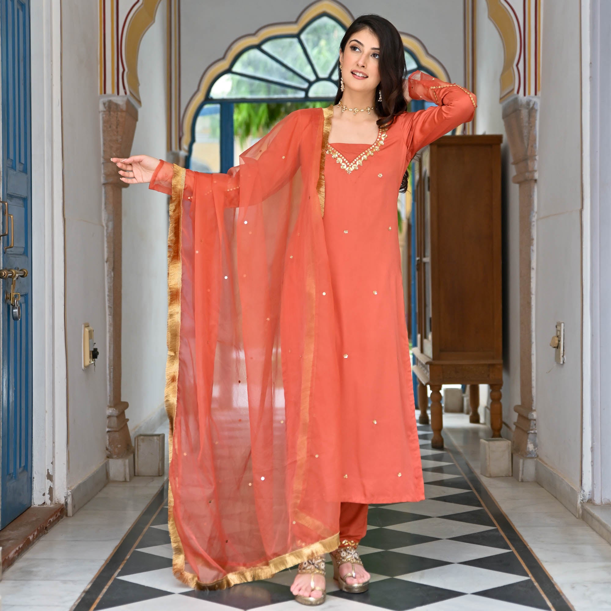 Buy Light Orange Embroidered Georgette Designer Palazzo Suit | Palazzo  Salwar Suits